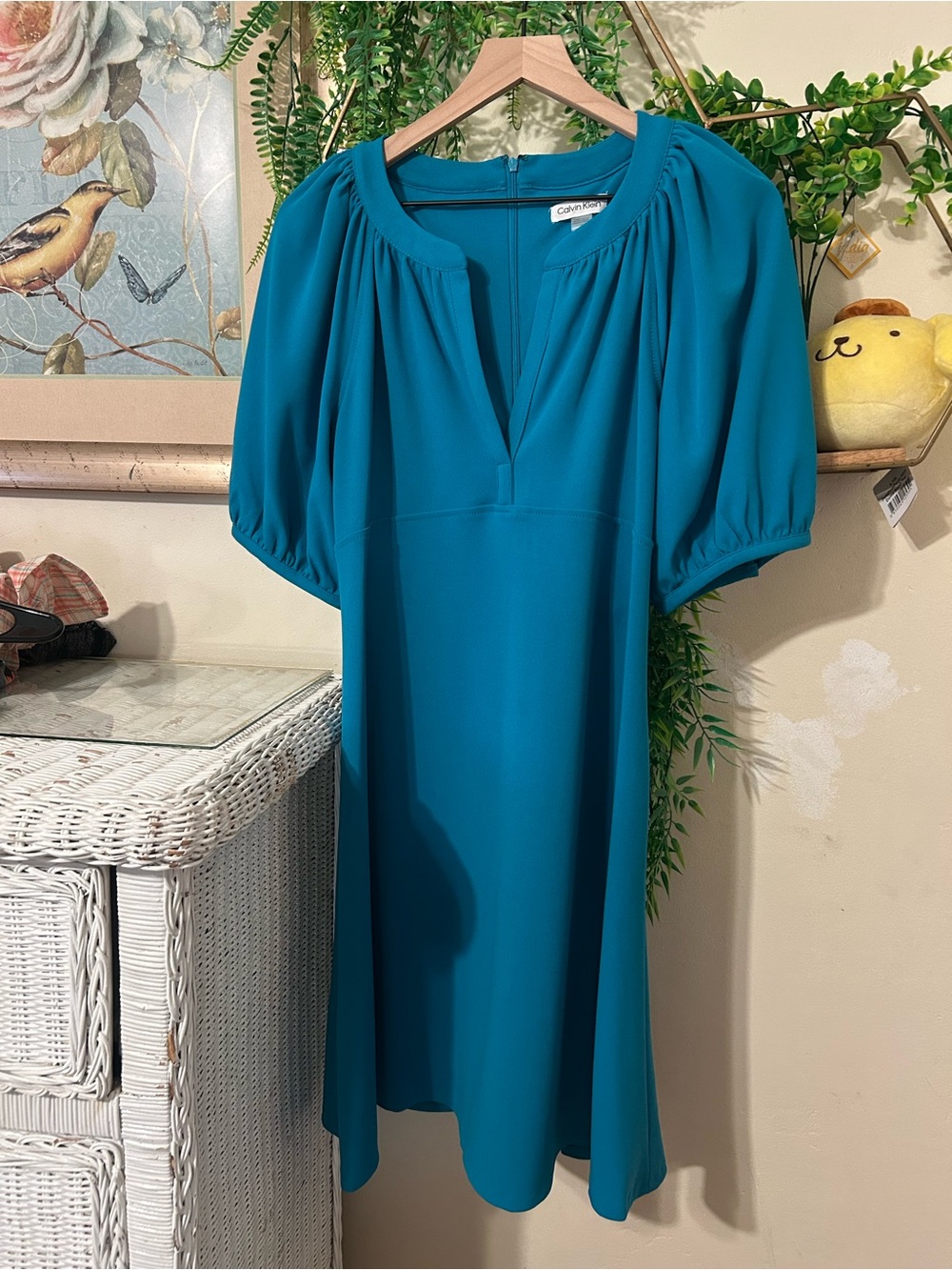Calvin Klein Teal Midi Dress with Puff Sleeves